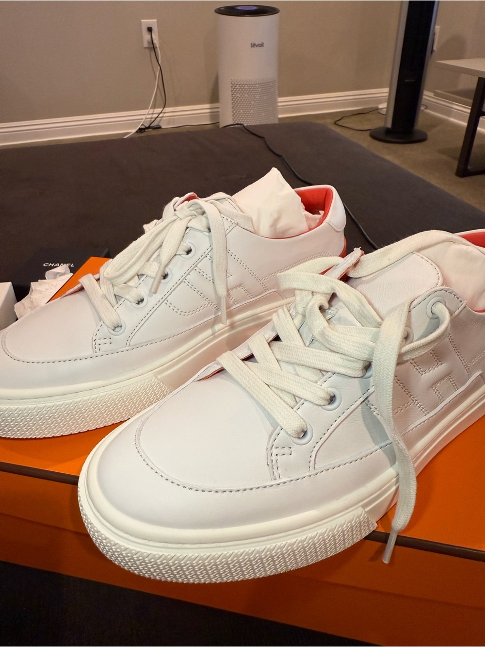 Hermes White Low-Top Sneakers with Coral Lining
